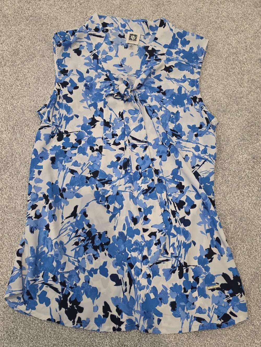 Anne Klein Blue and Black Floral Tie-Neck Sleeveless Top